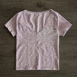 Pink Rose Lavender Lace Trim V-Neck Short Sleeve Floral Top